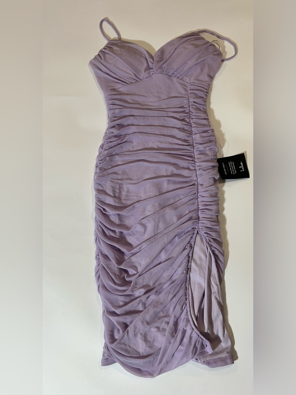 Lulus Lavender Ruched Mesh Midi Dress Size Small Sweetheart Neckline Side Slit